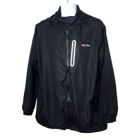Swisswell Mens Waterproof Jacket L Black Lightweight Reflective Hooded Wind - Picture 1 of 7